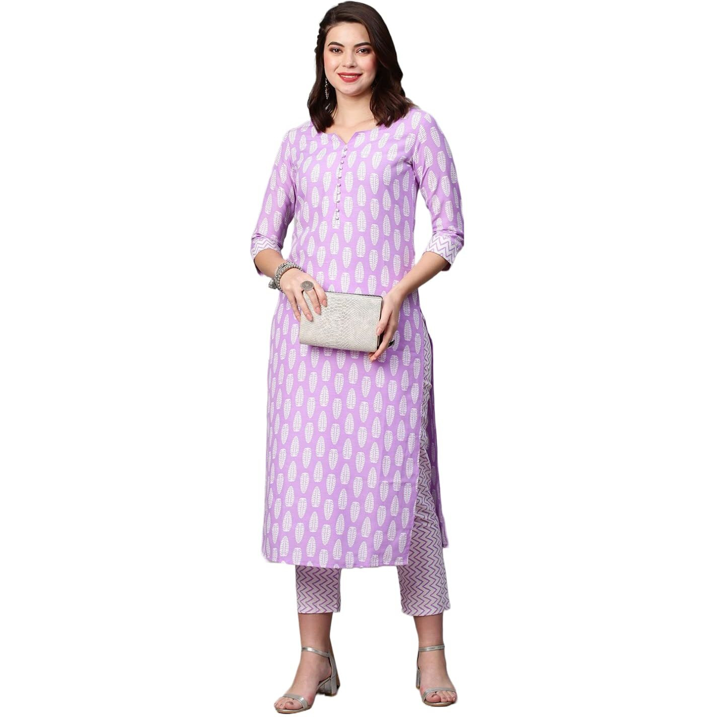 ANNI DESIGNER Women's Cotton Blend Traditional Straight Printed Kurta with Pant Set (Danapa Purple-FBF001_M_Purple_Medium)