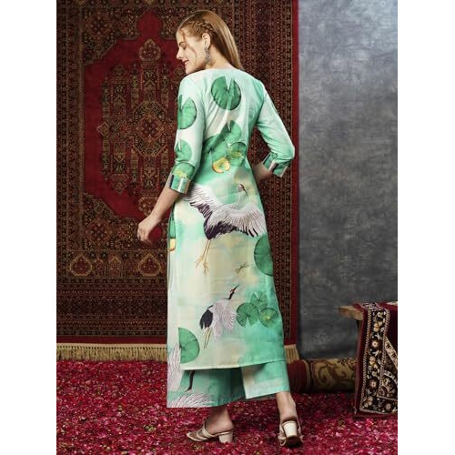 ANNI DESIGNER Women's Cotton Blend Straight Printed Kurta with Palazzo (Swans See Green-JL_M_See Green_Medium)