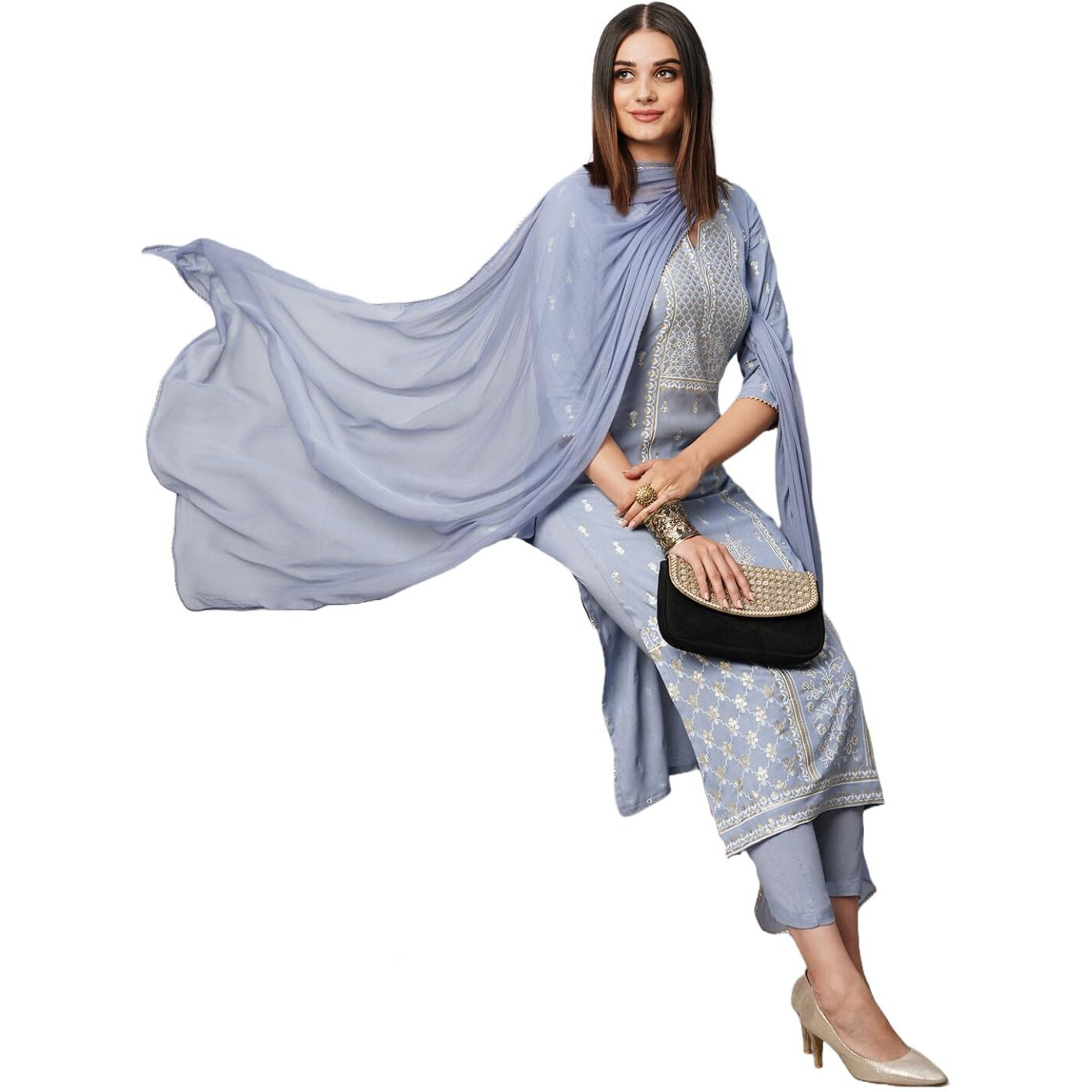 ANNI DESIGNER Women's Cotton Blend Straight Printed Kurta with Pant & Dupatta (Paridhan Grey_XXL_Grey_XX-Large)