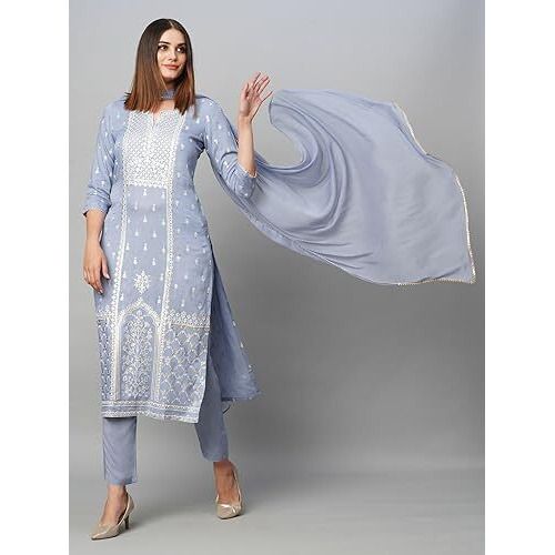 ANNI DESIGNER Women's Cotton Blend Straight Printed Kurta with Pant & Dupatta (Paridhan Grey_XXL_Grey_XX-Large)