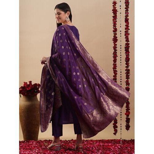 ANNI DESIGNER Women's Rayon Blend Straight Embroidered Kurta with Pant & Dupatta (MANUSHI BEGANI-VKS03_4XL_Begani_XXXX-Large)