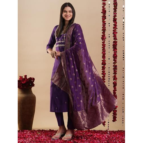 ANNI DESIGNER Women's Rayon Blend Straight Embroidered Kurta with Pant & Dupatta (MANUSHI BEGANI-VKS03_4XL_Begani_XXXX-Large)