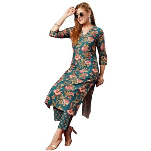 ANNI DESIGNER Women's Cotton Blend Straight Printed Kurta with Pant (Paresh Rama_L_Green_Large)