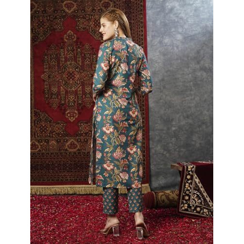 ANNI DESIGNER Women's Cotton Blend Straight Printed Kurta with Pant (Paresh Rama_L_Green_Large)