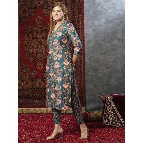 ANNI DESIGNER Women's Cotton Blend Straight Printed Kurta with Pant (Paresh Rama_L_Green_Large)
