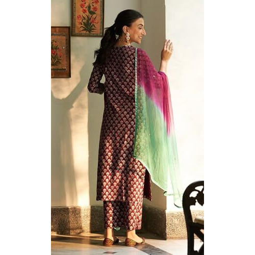 ANNI DESIGNER Women's Rayon Blend Printed Straight Kurta with Pant & Dupatta (TARKA Maroon_XL_Maroon_X-Large)