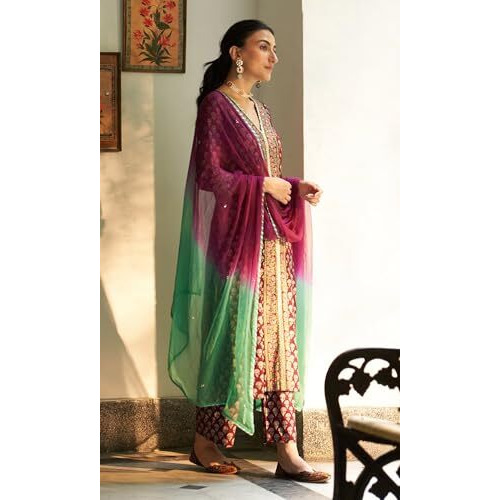 ANNI DESIGNER Women's Rayon Blend Printed Straight Kurta with Pant & Dupatta (TARKA Maroon_XL_Maroon_X-Large)