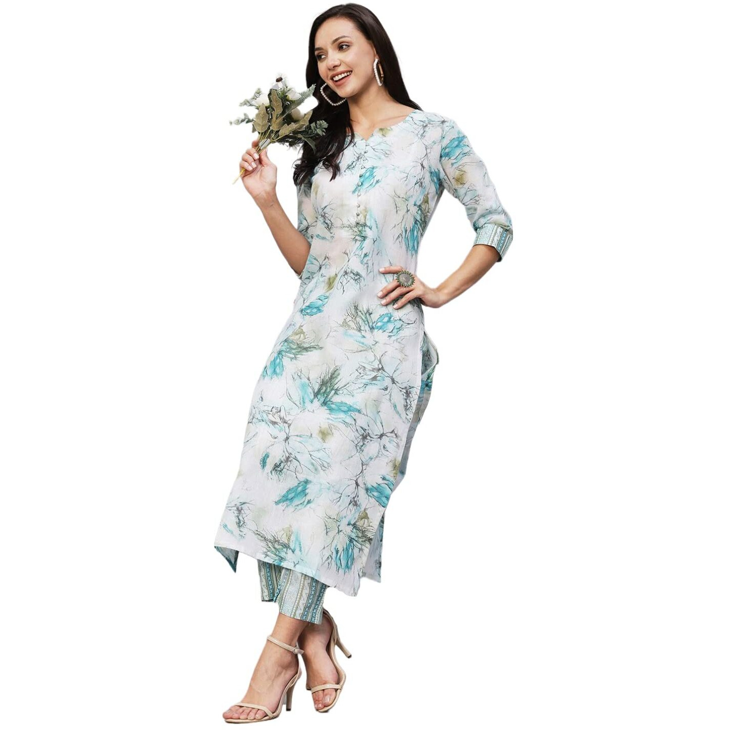 ANNI DESIGNER Women's Cotton Blend Printed Straight Kurta with Pant (PS-RAMA-Green_S_Green_Small)