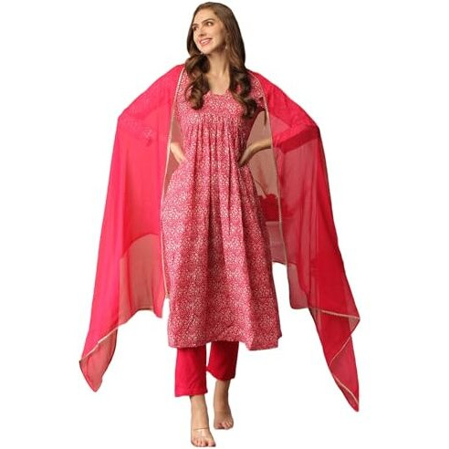 ANNI DESIGNER Women's Cotton Blend Printed Straight Kurta with Pant & Dupatta (MANCHALI-Rani-Nw_XL_Pink_X-Large)
