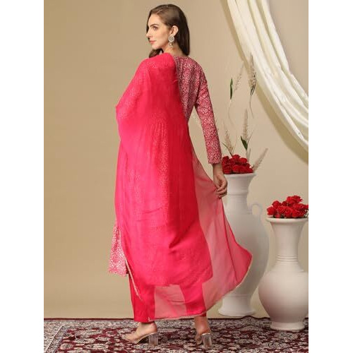 ANNI DESIGNER Women's Cotton Blend Printed Straight Kurta with Pant & Dupatta (MANCHALI-Rani-Nw_XL_Pink_X-Large)