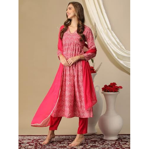 ANNI DESIGNER Women's Cotton Blend Printed Straight Kurta with Pant & Dupatta (MANCHALI-Rani-Nw_XL_Pink_X-Large)