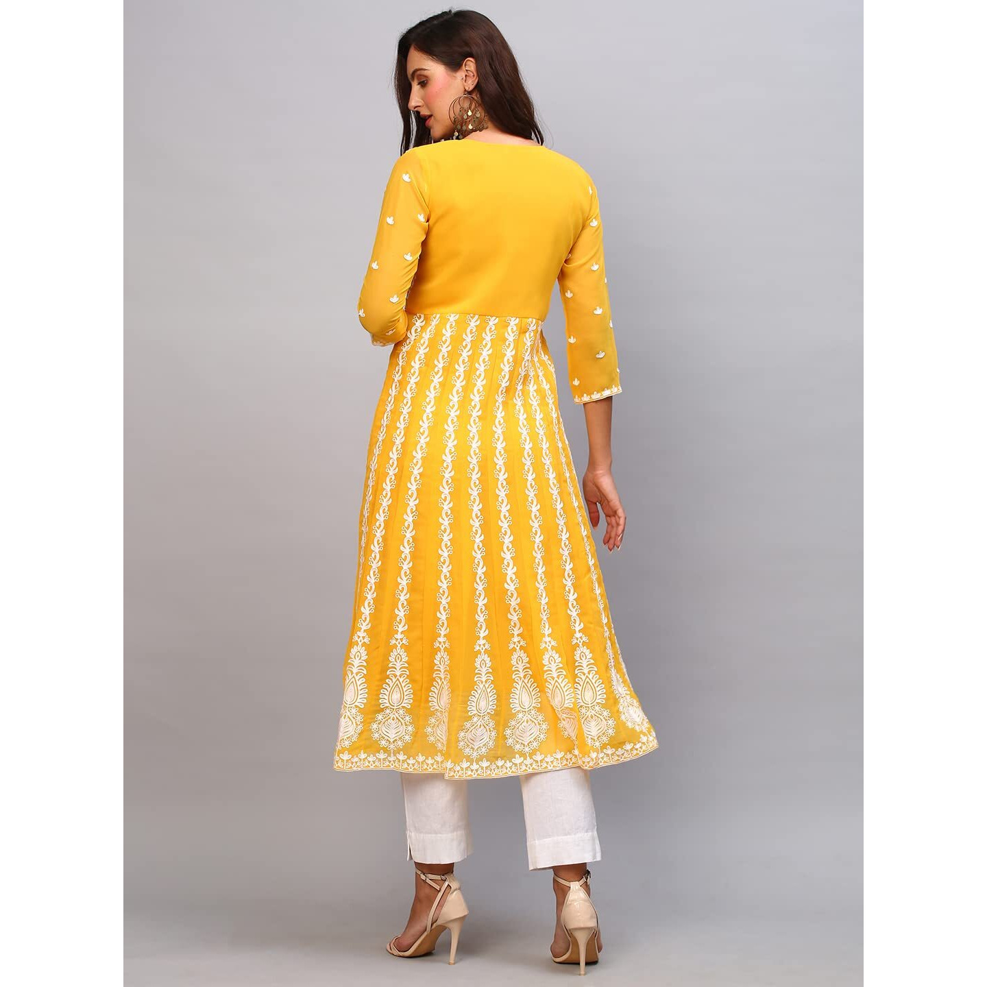 ANNI DESIGNER Women's Georgette Chikankari Embroidered Anarkali Kurti (Naav Yellow_S_Yellow_Small)