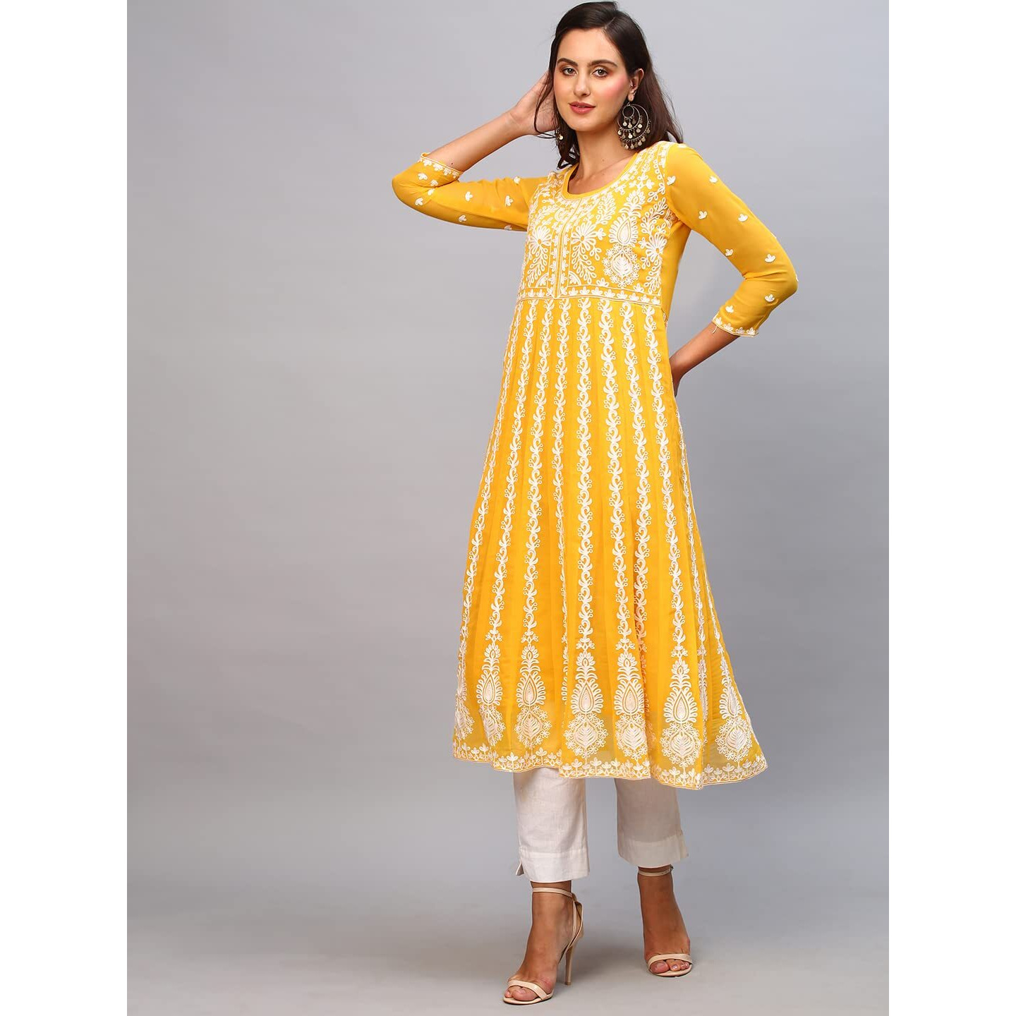 ANNI DESIGNER Women's Georgette Chikankari Embroidered Anarkali Kurti (Naav Yellow_S_Yellow_Small)