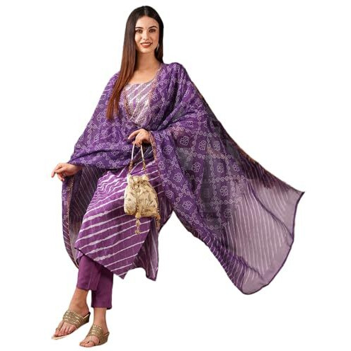 ANNI DESIGNER Women's Cotton Blend Straight Printed Kurta with Pant & Dupatta (Doremi-Purple_S_Purple_Small)