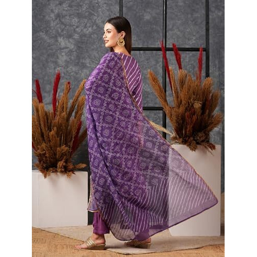 ANNI DESIGNER Women's Cotton Blend Straight Printed Kurta with Pant & Dupatta (Doremi-Purple_S_Purple_Small)