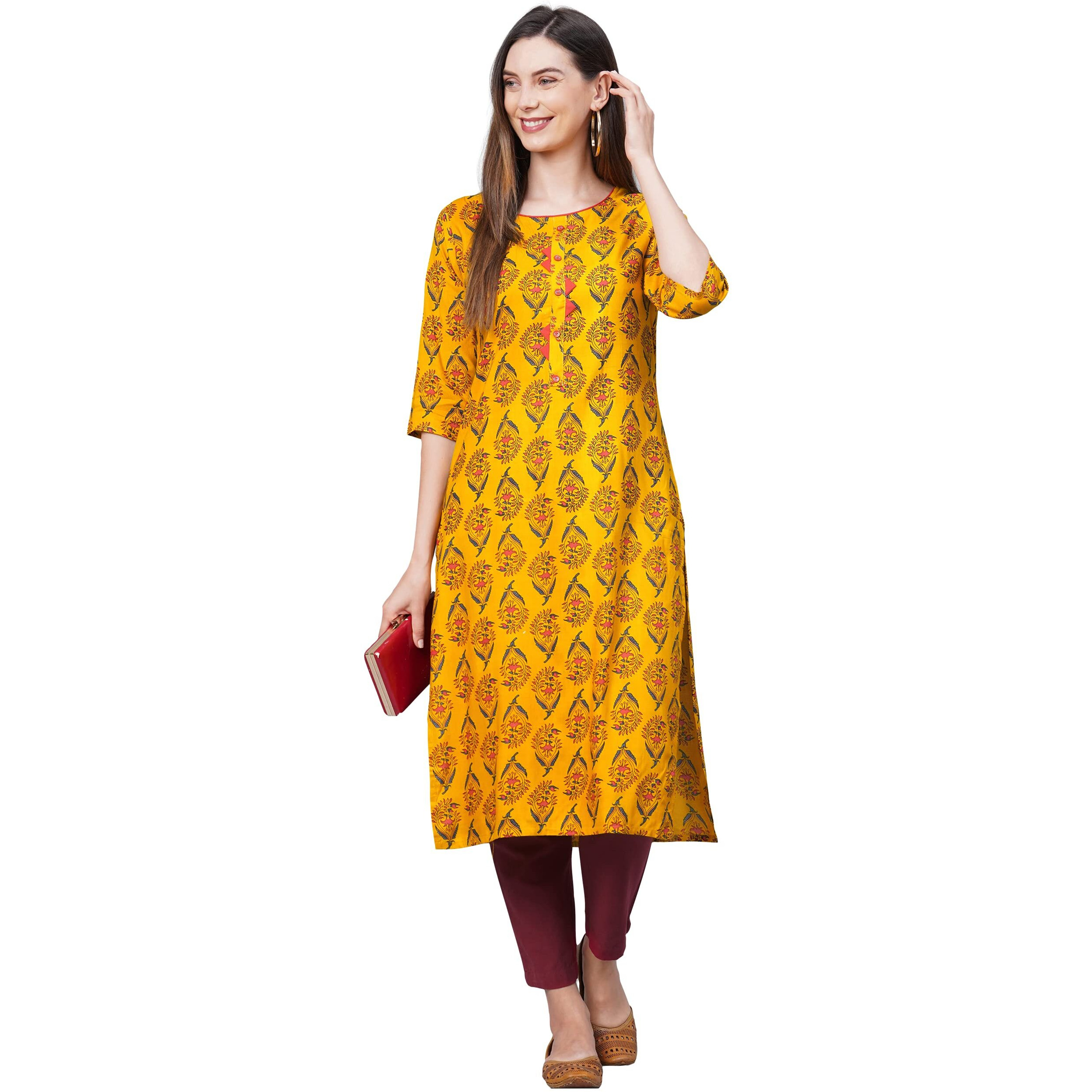 ANNI DESIGNER Women's Rayon Straight Printed Kurta (AUMZ Yellow_L-Yellow_Large)