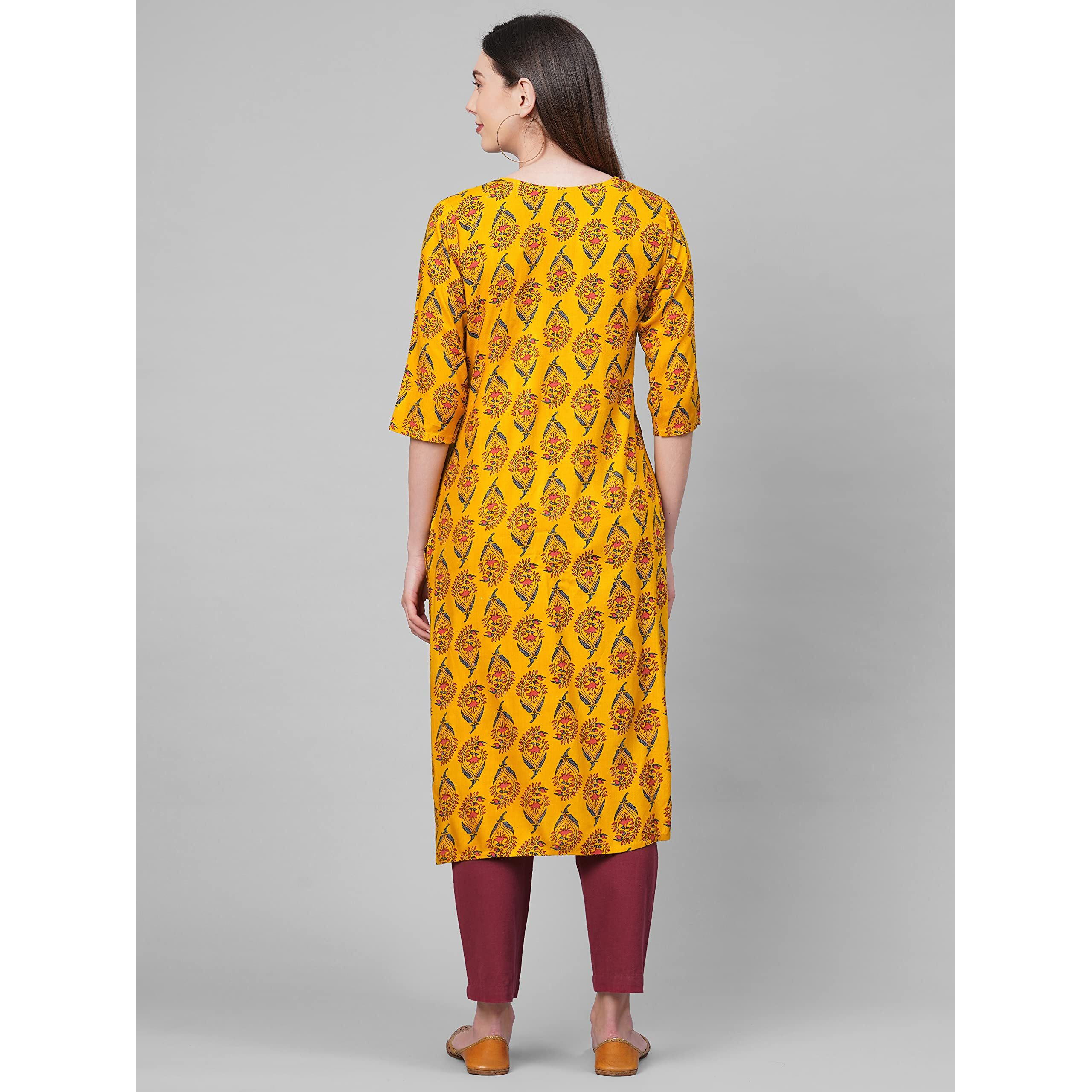 ANNI DESIGNER Women's Rayon Straight Printed Kurta (AUMZ Yellow_L-Yellow_Large)