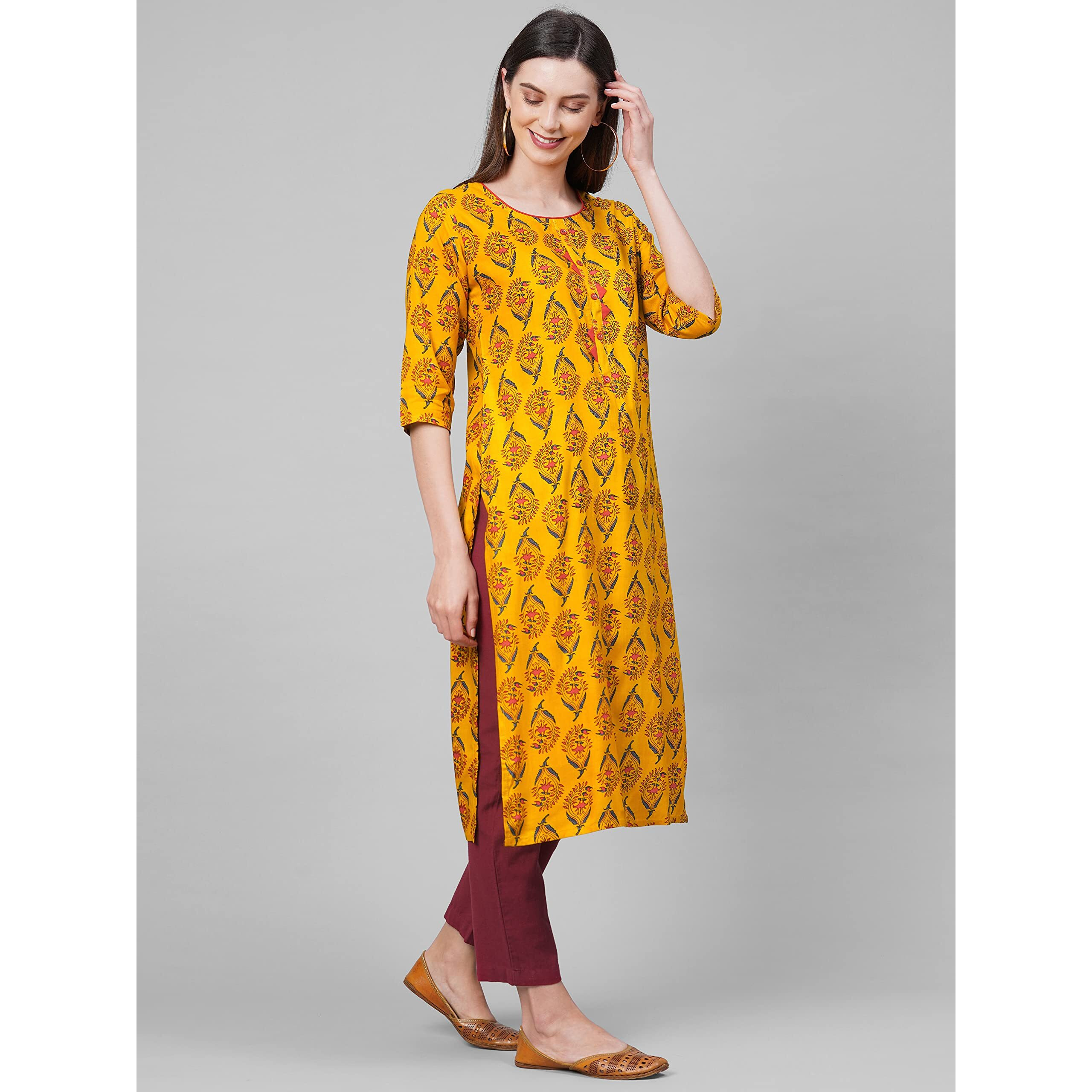 ANNI DESIGNER Women's Rayon Straight Printed Kurta (AUMZ Yellow_L-Yellow_Large)