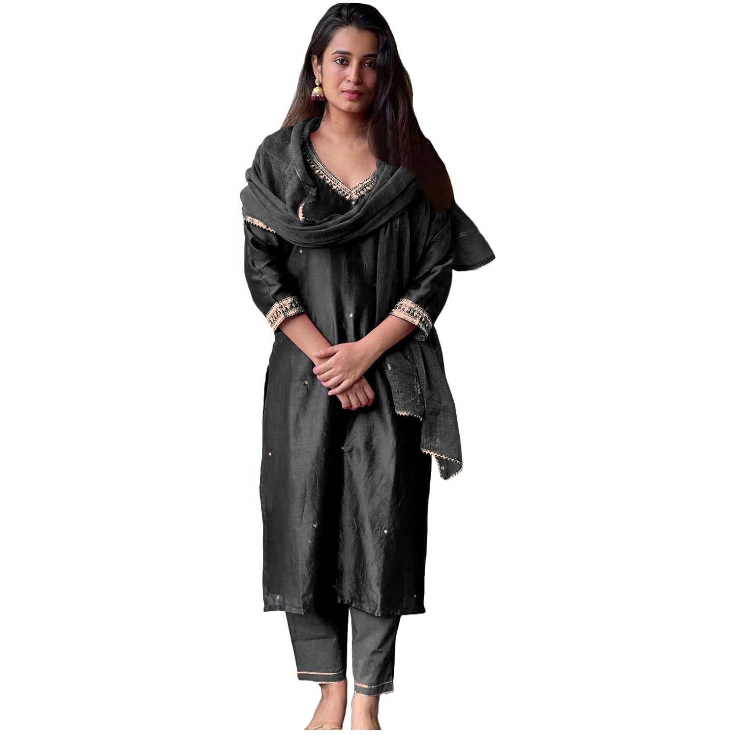 ANNI DESIGNER Women's Rayon Blend Kurta with Pant & Dupatta (BAGICHA-Rani_Black_Large)