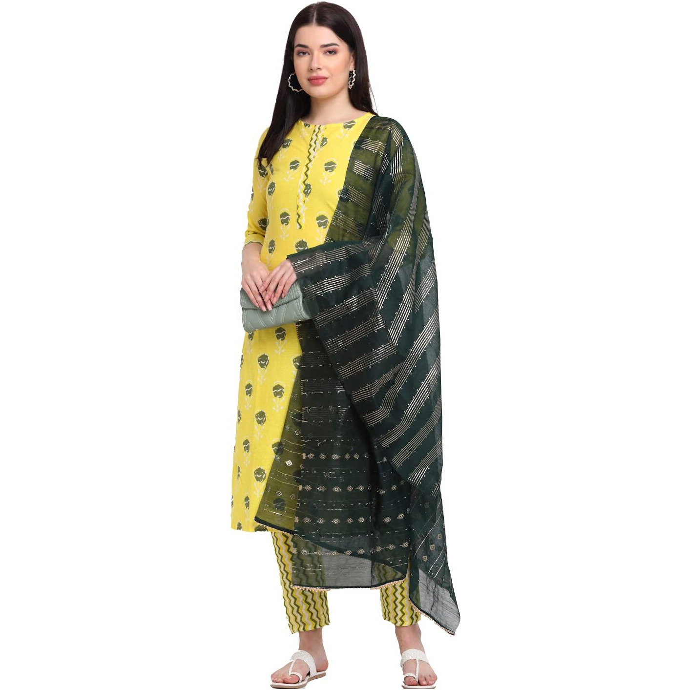 ANNI DESIGNER Women's Cotton Straight Kurta with Pant & Dupatta (KPTD-COT-10004-GREEN_M_Green_Medium)