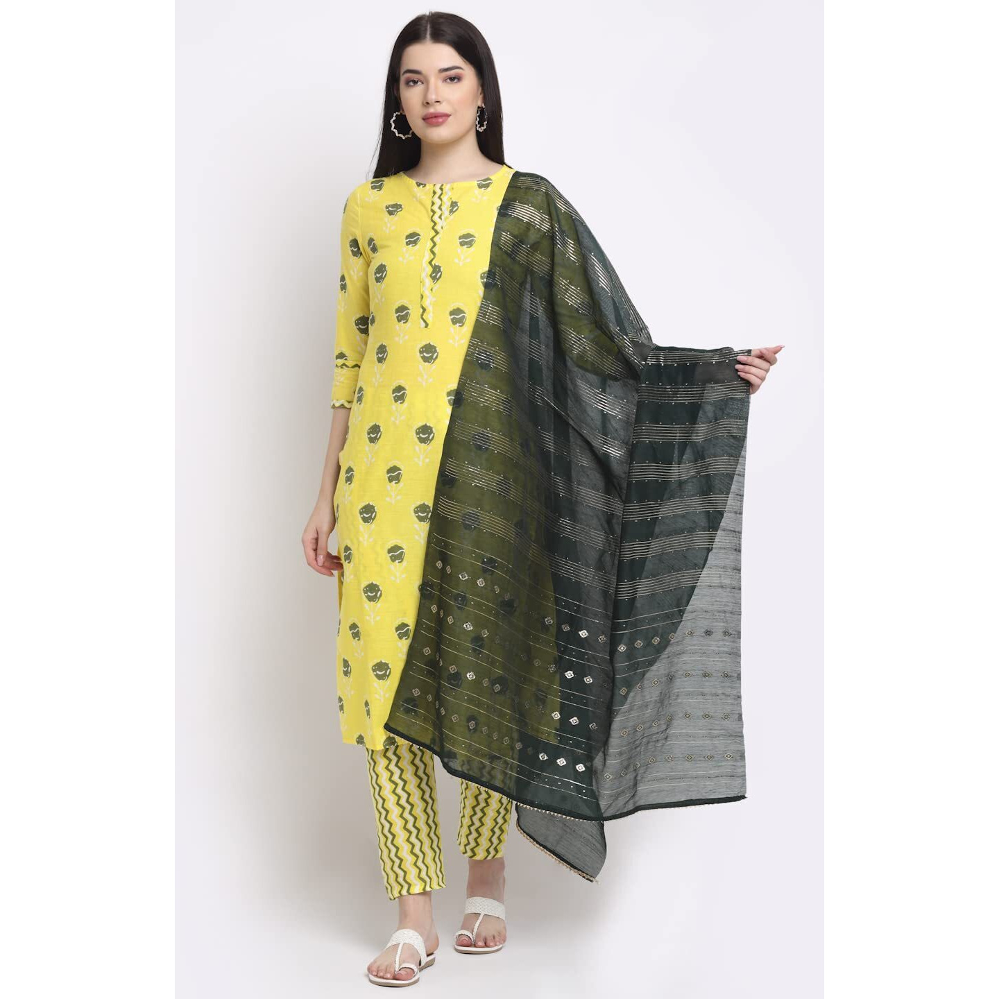 ANNI DESIGNER Women's Cotton Straight Kurta with Pant & Dupatta (KPTD-COT-10004-GREEN_M_Green_Medium)