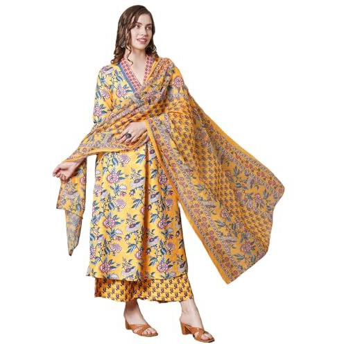 ANNI DESIGNER Women's Rayon Blend Anarkali Printed Kurta with Palazzo & Dupatta (CIA YELLOW-VKS03_XL_Yellow_X-Large)