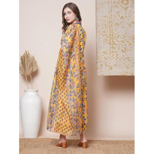 ANNI DESIGNER Women's Rayon Blend Anarkali Printed Kurta with Palazzo & Dupatta (CIA YELLOW-VKS03_XL_Yellow_X-Large)