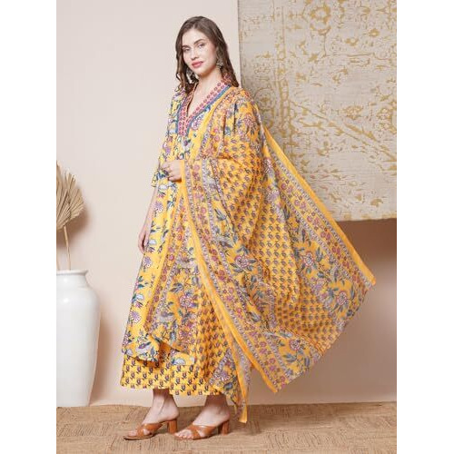 ANNI DESIGNER Women's Rayon Blend Anarkali Printed Kurta with Palazzo & Dupatta (CIA YELLOW-VKS03_XL_Yellow_X-Large)