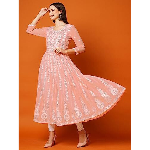 ANNI DESIGNER Women's Georgette Chikankari Embroidered Anarkali Kurti (Kari Peach-GRT_L_Peach_Large)