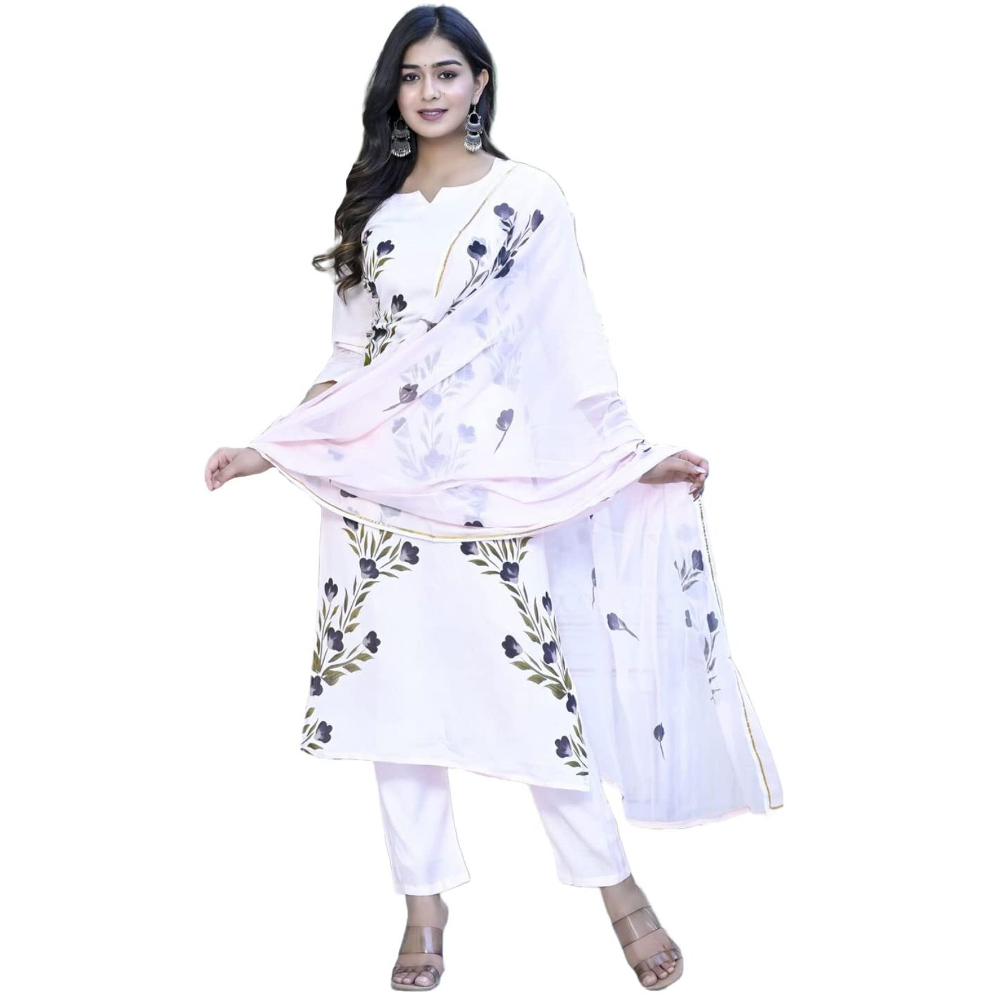 ANNI DESIGNER Women's Cotton Blend Straight Printed Kurta with Pant & Dupatta (BURSH-Peach-NW-CMD_3XL_Peach_XXX-Large)