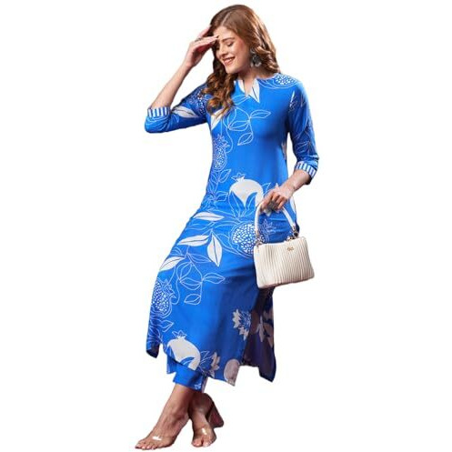 ANNI DESIGNER Women's Rayon Blend Straight Printed Kurta with Pant (ANAAR-BLUE-VKS02_S_Blue_Small)