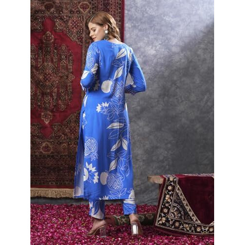 ANNI DESIGNER Women's Rayon Blend Straight Printed Kurta with Pant (ANAAR-BLUE-VKS02_S_Blue_Small)
