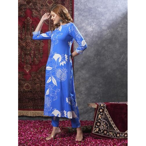 ANNI DESIGNER Women's Rayon Blend Straight Printed Kurta with Pant (ANAAR-BLUE-VKS02_S_Blue_Small)