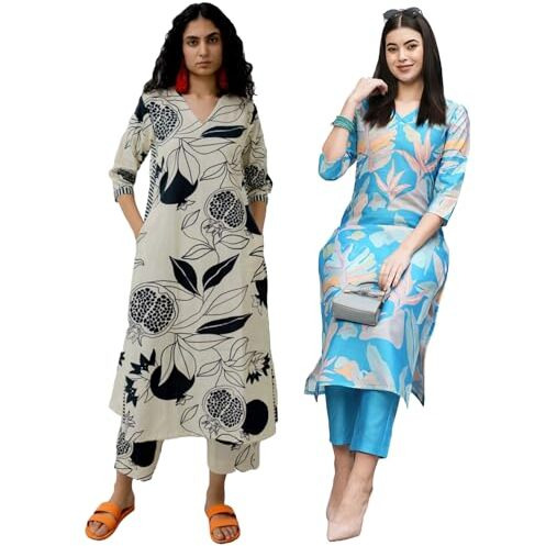 ANNI DESIGNER Women's Cotton Blend Printed Straight Kurta with Pant Pack of 2 (ANAAR Beige-Jonaki Blue_XL_Multi_X-Large)