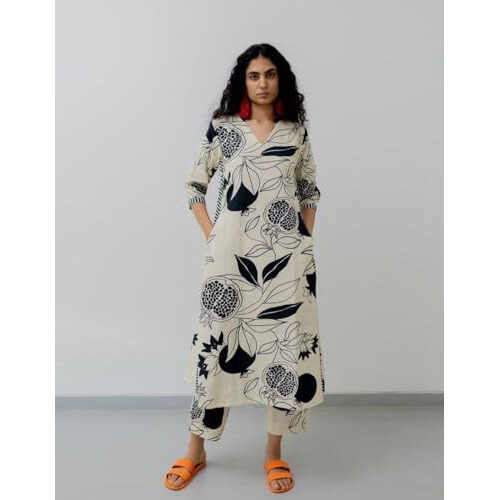 ANNI DESIGNER Women's Cotton Blend Printed Straight Kurta with Pant Pack of 2 (ANAAR Beige-Jonaki Blue_XL_Multi_X-Large)