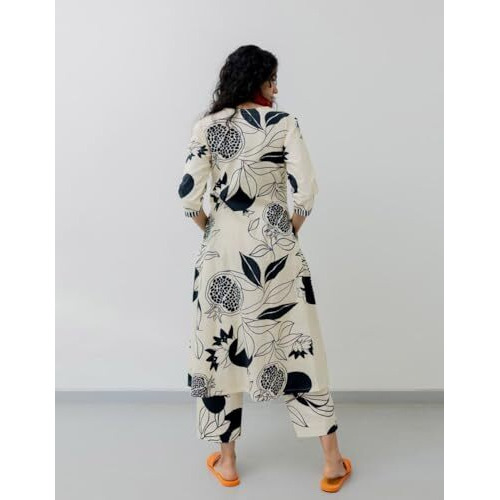 ANNI DESIGNER Women's Cotton Blend Printed Straight Kurta with Pant Pack of 2 (ANAAR Beige-Jonaki Blue_XL_Multi_X-Large)