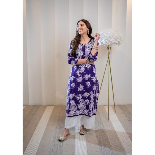 ANNI DESIGNER Women's Rayon Blend Chikankari Embroidered Straight Kurta (SCEROS Violet_M_Violet_Medium)