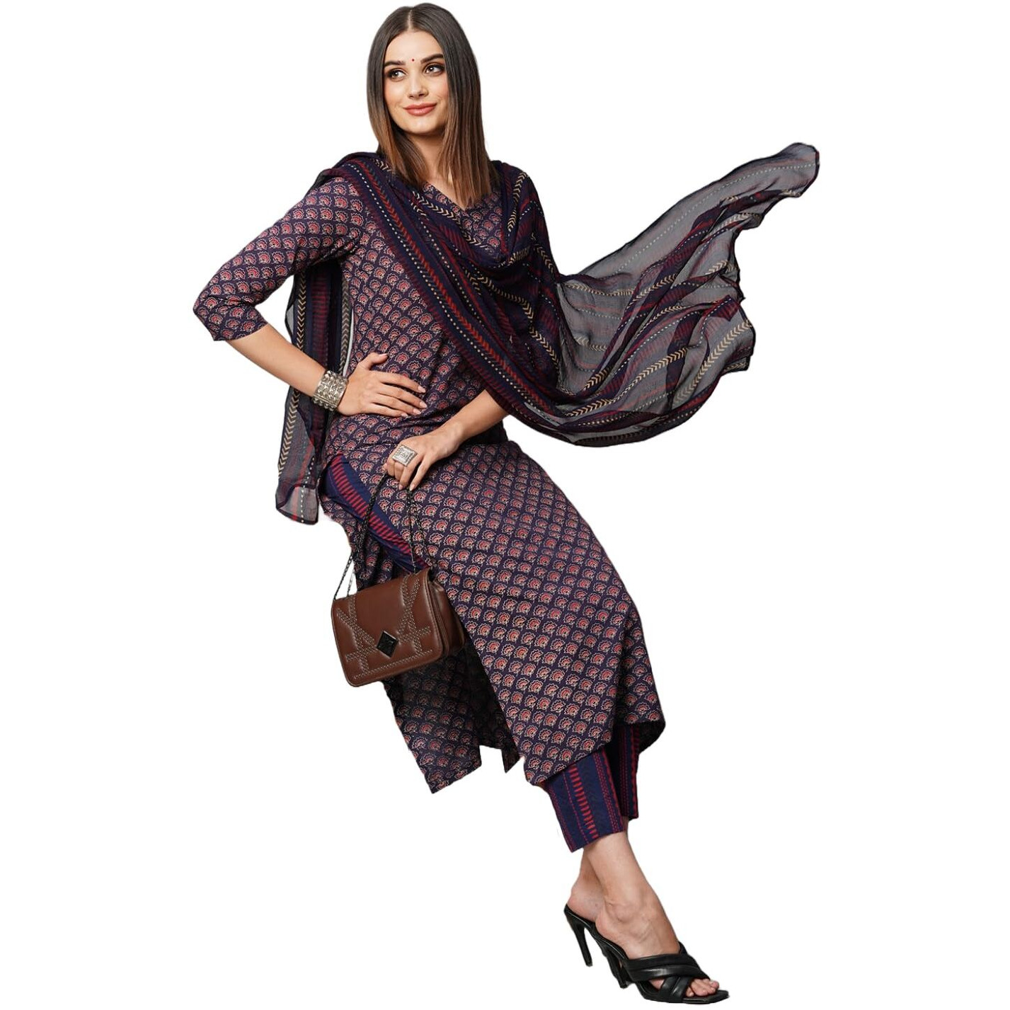 ANNI DESIGNER Women's Cotton Blend Straight Printed Kurta with Pant & Dupatta (Farali Blue_XXL_Blue_XX-Large)