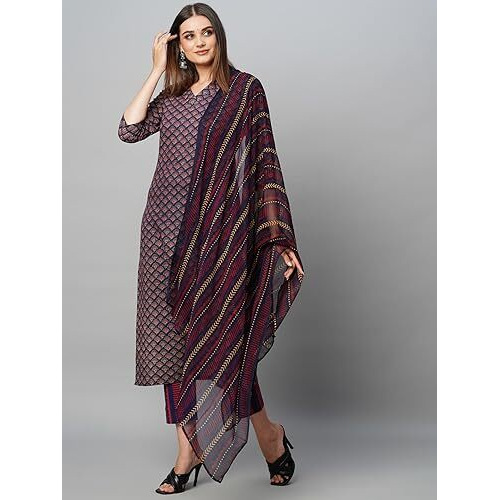 ANNI DESIGNER Women's Cotton Blend Straight Printed Kurta with Pant & Dupatta (Farali Blue_XXL_Blue_XX-Large)