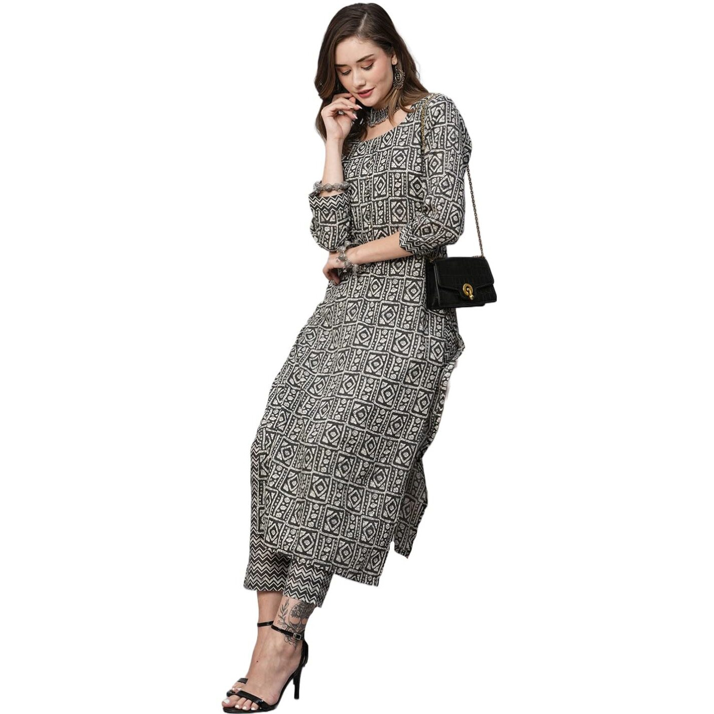 ANNI DESIGNER Women's Cotton Blend Straight Printed Kurta with Pant (Yami Black_S_Black_Small)