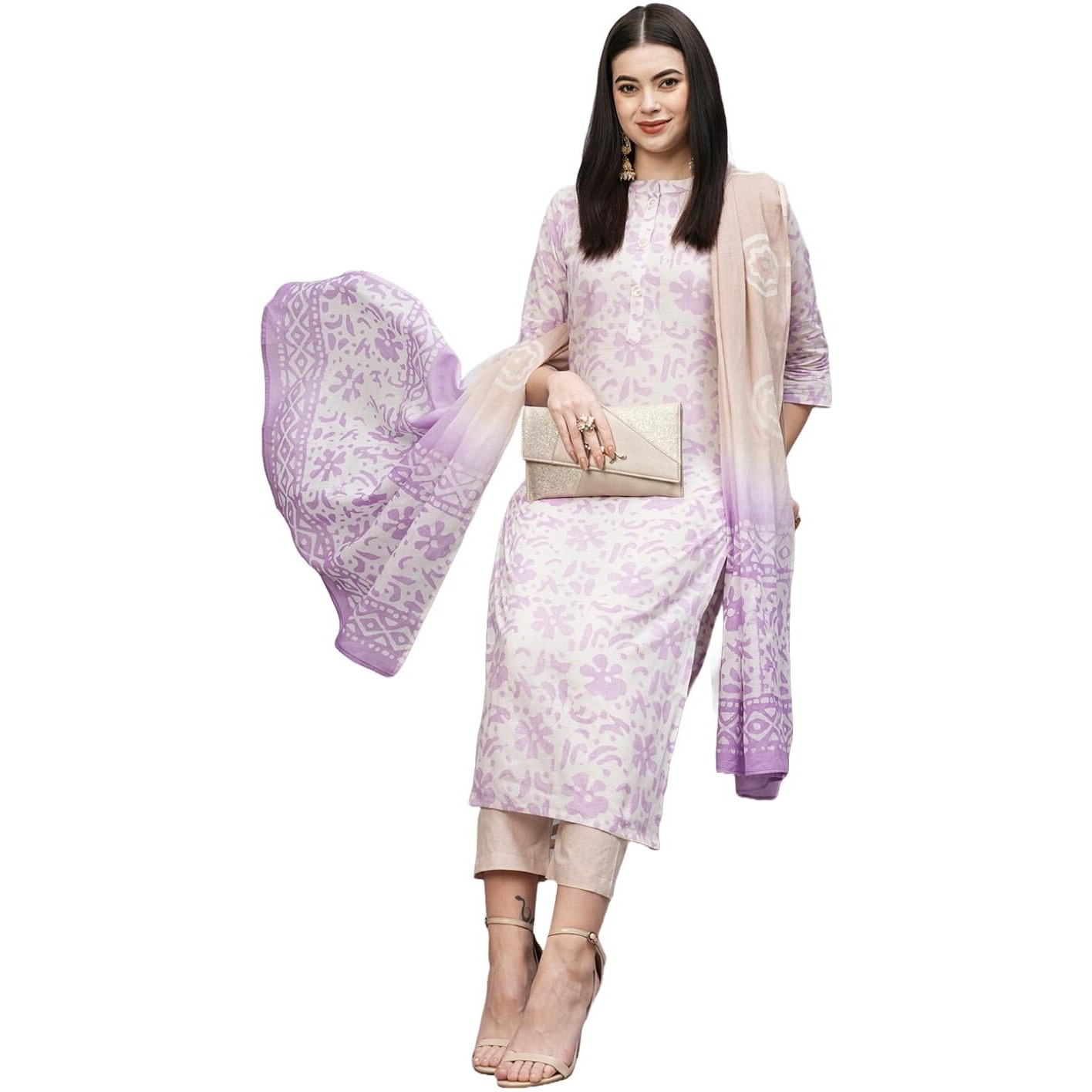 ANNI DESIGNER Women's Cotton Blend Straight Printed Kurta with Pant & Dupatta (Jalpari Purple_XL_Purple_X-Large)