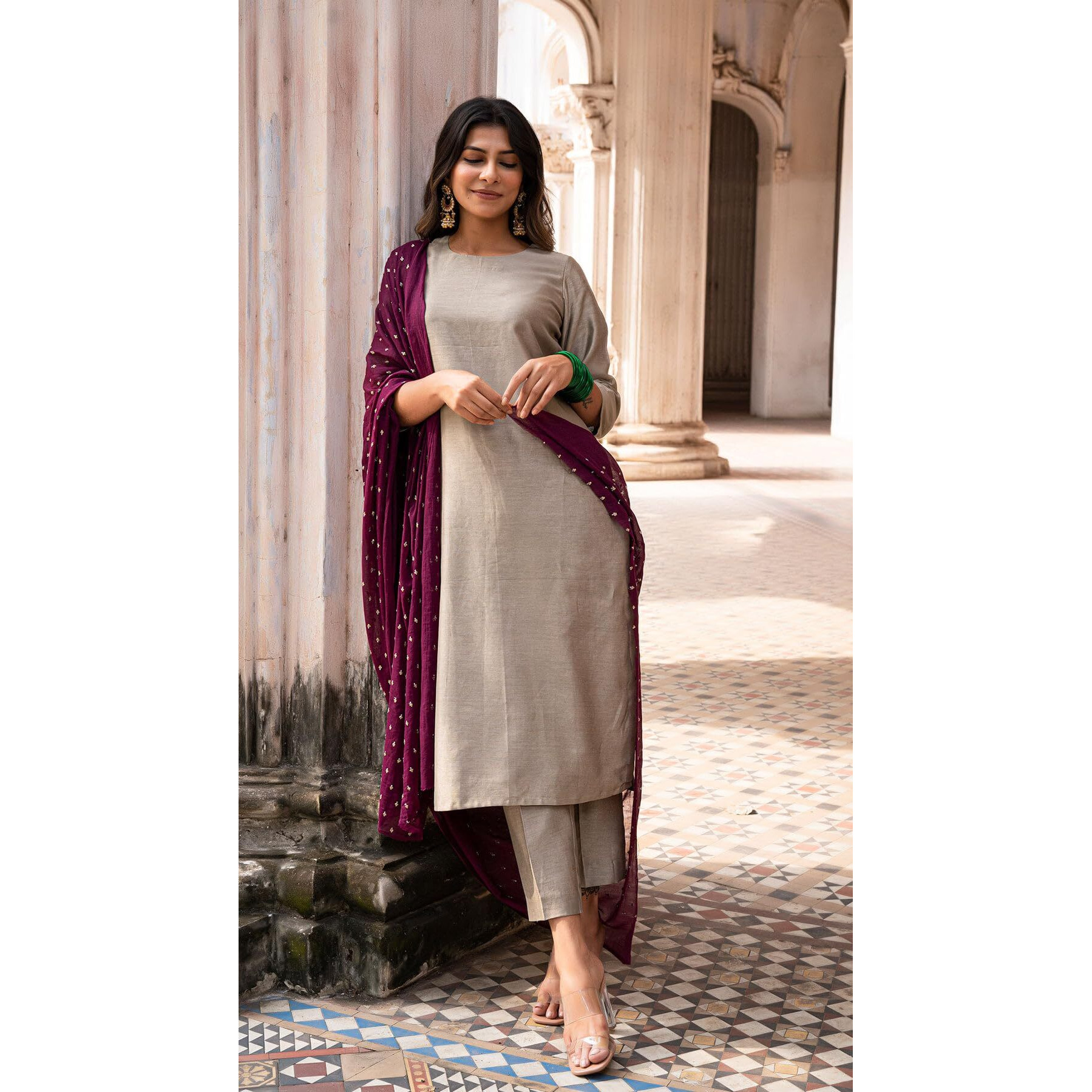 ANNI DESIGNER Women's Rayon Blend Straight Solid Kurta with Pant & Dupatta (BRIBITI Beige_XXL_Beige_XX-Large)