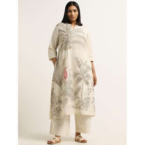 ANNI DESIGNER Women's Cotton Blend Straight Printed Kurta with Pant (Nenisha Cream_L_Cream_Large)