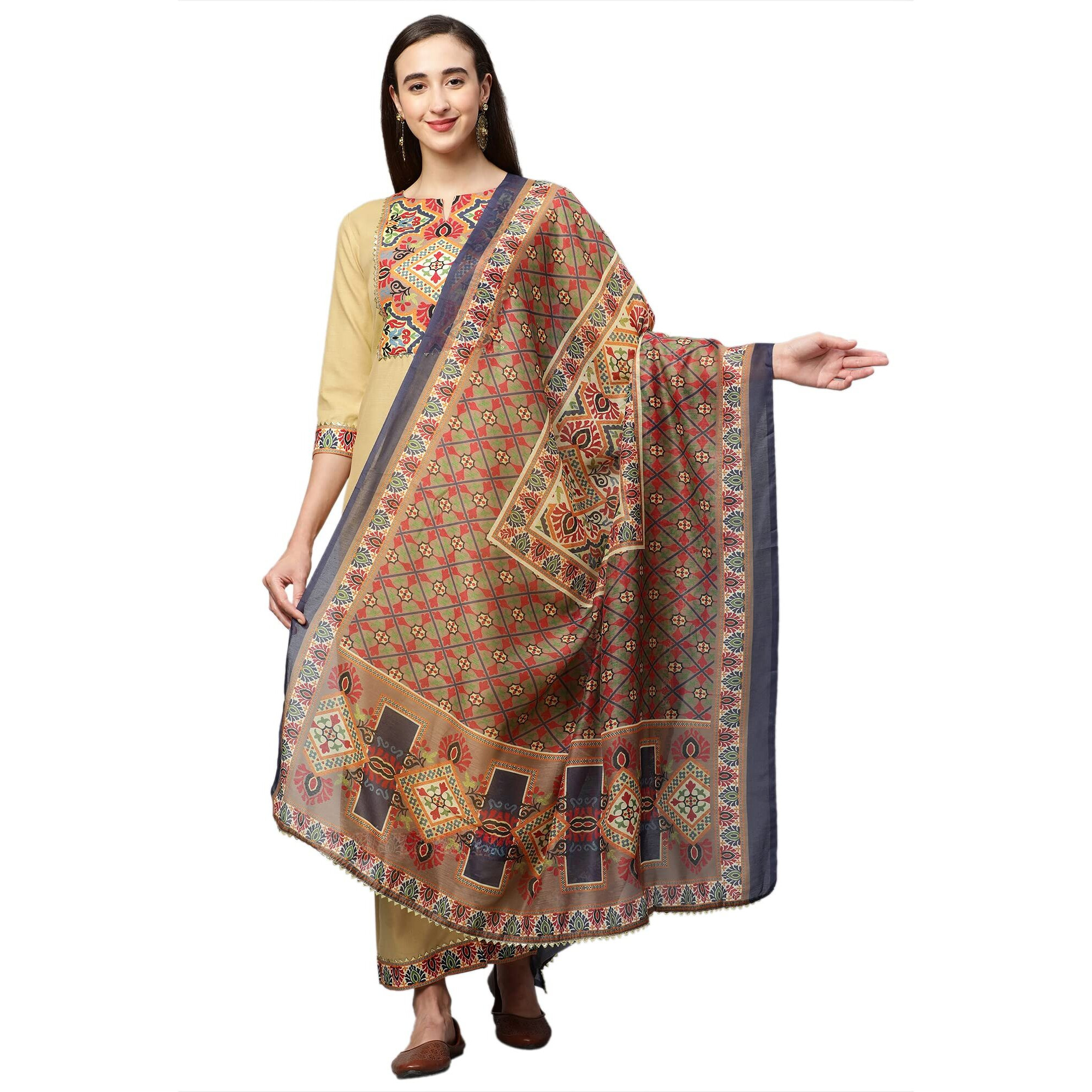 ANNI DESIGNER Women's Cotton Straight Kurta with Palazzo & Dupatta (Reema Beige_M_Beige_Medium)