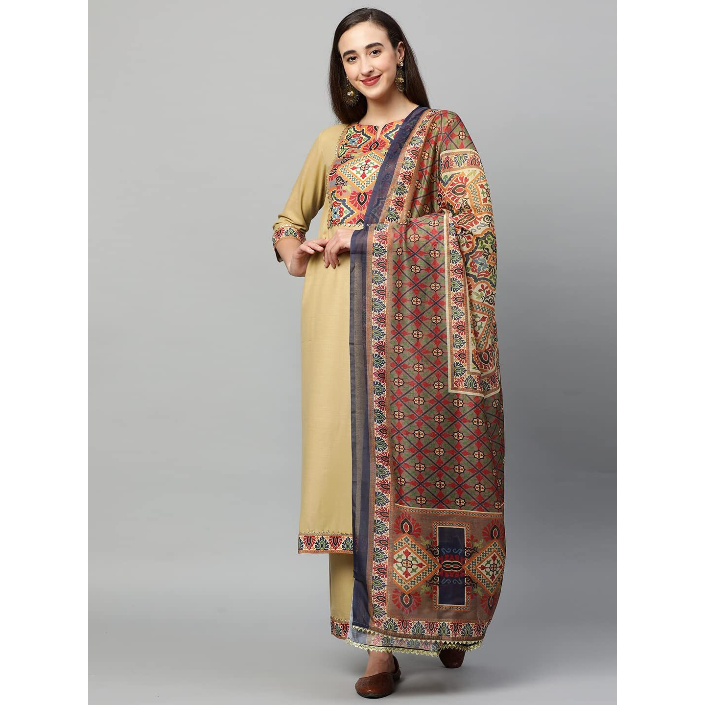ANNI DESIGNER Women's Cotton Straight Kurta with Palazzo & Dupatta (Reema Beige_M_Beige_Medium)