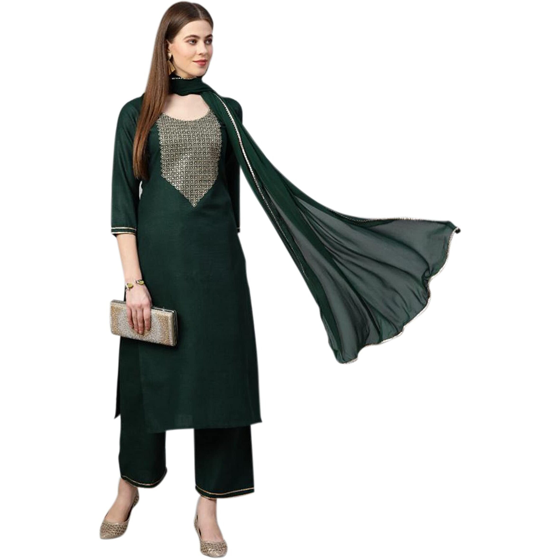 ANNI DESIGNER Women's Ruby Cotton Solid Straight Kurti with Palazzos & Dupatta Set (Label Green_XXL_Green_XX-Large)