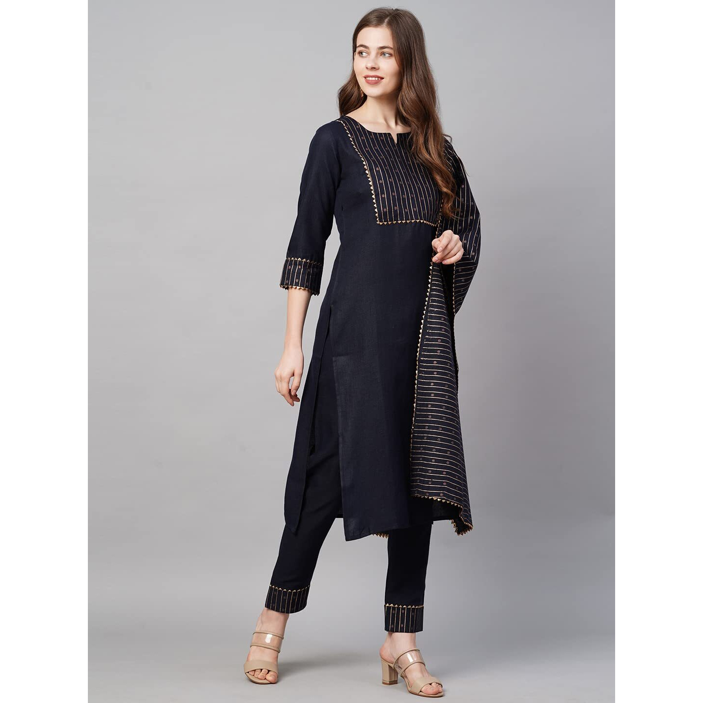 ANNI DESIGNER Women's Cotton Straight Kurta with Pant & Dupatta (KPTD-COT-10069-NAVY Blue_XXL_Dark Blue_XX-Large)
