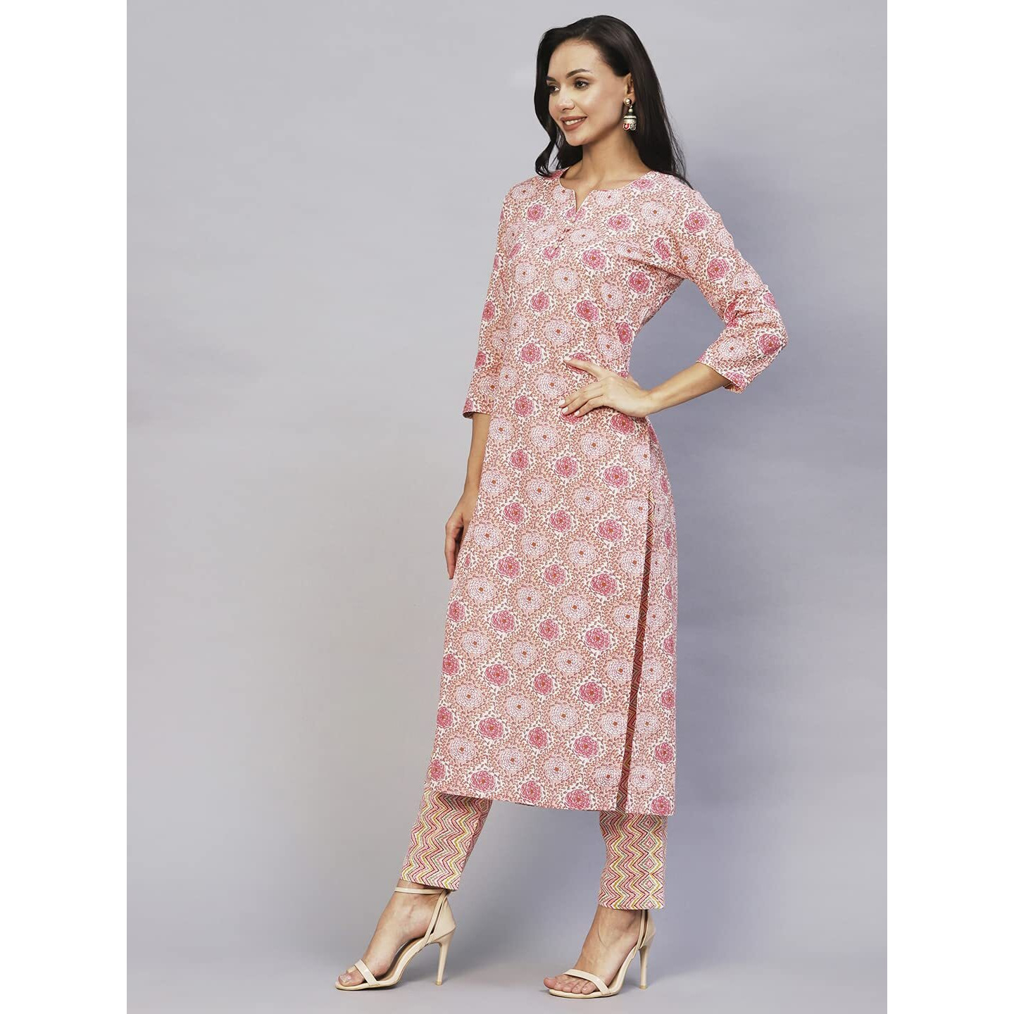 ANNI DESIGNER Women's Cotton Blend Printed Straight Kurta with Pant (Achu Pink_XXL_Pink_XX-Large)