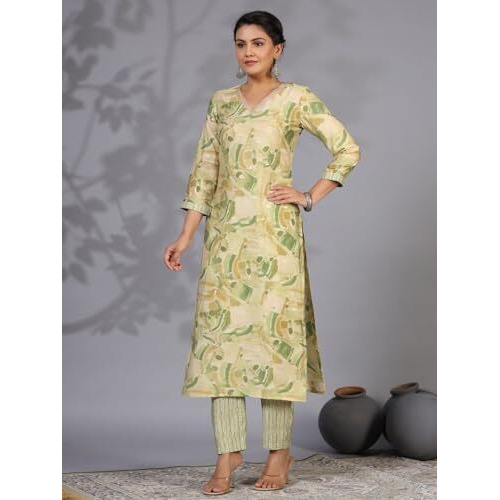 ANNI DESIGNER Women's Rayon Blend Straight Printed Kurta with Pant (Nissu Green_M_Green_Medium)