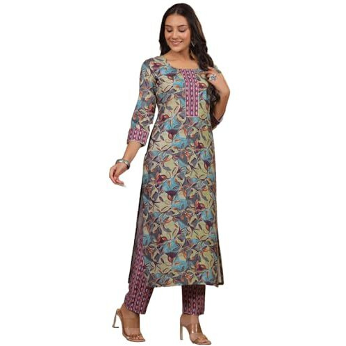 ANNI DESIGNER Women's Cotton Blend Printed Straight Kurta with Pant (Gautami_Wine_XX-Large)